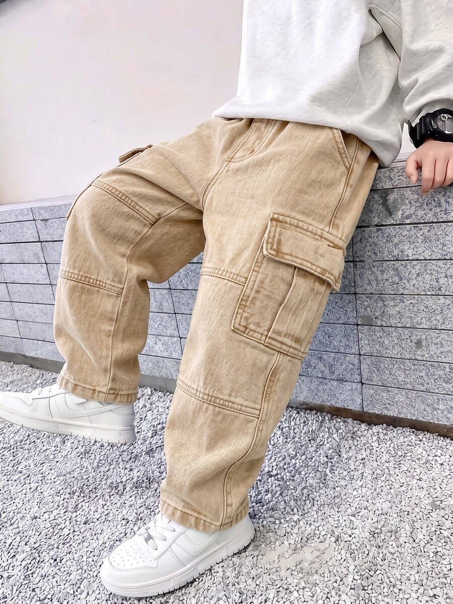 SHEIN Genkimix Kids 男童卡其色牛仔工裝褲,冬季休閒日常穿著,彈性腰頭附可調節抽繩,大口袋,寬鬆直筒版型,四季皆宜 - 卡其色 - 查看 1