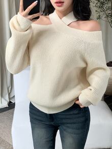 DAZY Autumn/Winter Cross Halter Neck Off Shoulder Loose Elegant Date Party Beige Women Sweater - Beige - View 5