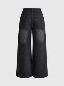 ROMWE Grunge Punk Women's Distressed Wide Leg Jeans Y2K Hip Hop Punk Gothic Style Black Washed Frayed Large Ripped Design With Rivet Strap Decor And Contrast Red Plaid Patchwork Comfortable Loose Wide Leg Denim Pants Suitable For Concerts, Street Style, Music Festivals, Nightclubs - Black - View 2