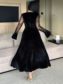 Dazy Plus Contrast Lace Elegant Party Dress Velvet Black Long Spring Autumn Dress - Black - View 2