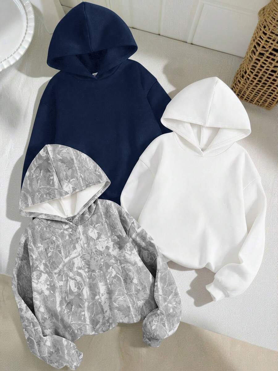 SHEIN 兒童青少年女孩長袖休閒寬鬆連帽衛衣 秋冬款 - 彩色 - 查看 1