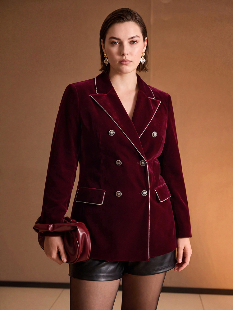 MOTF PREMIUM PLUS SIZE WOMEN'S AUTUMN/WINTER RHINESTONE TRIM VELVET BLAZER - Burgundy - View 3