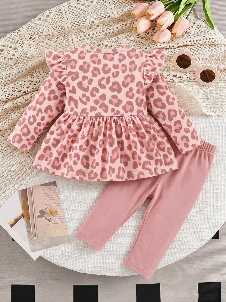 American Spicy Girl Style Newborn Baby Leopard Print Dress Top & High Elasticity Pure Black Leggings 2 Pieces Set, Ruffle Flutter Sleeve, Soft Breathable Fabric With Great Stretch, Suitable For Daily Wear, Home Resting, Outings, Full Month & First Birthday Photoshoots, Spring/Autumn - Multicolor - View 2