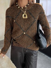 DAZY Women's Rhombus Pattern Sequin Pullover Sweater - Coffee Brown - View 6