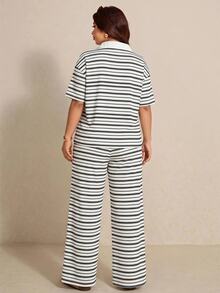 Elaquor Plus Size Summer Casual Striped Top And Pants 2 Pieces Set - Black and White - View 2