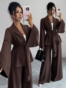 Elenzga Elegant Commute Bell Sleeve Waist-Cinching Blazer & Wide Leg Pants Suit Set - Brown - View 1