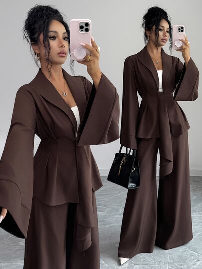 Elenzga Elegant Commute Bell Sleeve Waist-Cinching Blazer & Wide Leg Pants Suit Set
