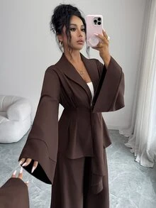 Elenzga Elegant Commute Bell Sleeve Waist-Cinching Blazer & Wide Leg Pants Suit Set - Brown - View 6