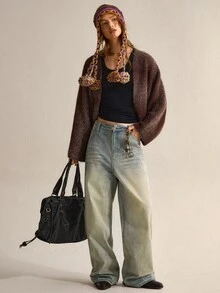 SHEIN Autumn/Winter Fashion Gradient Ombre Dolman Sleeve Cardigan Sweater - Coffee Brown - View 3