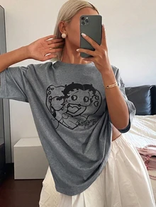 DAZY 女款卡通印花休閒短袖T恤，適合日常穿著 - 灰色 - 查看 5