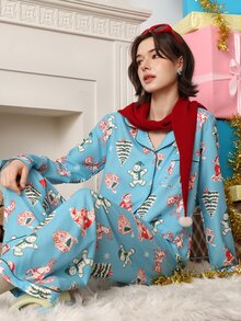 Chillnights Women's Christmas Santa & Reindeer Print Lapel Long Sleeve Pants Pajama Set - Multicolor - View 4