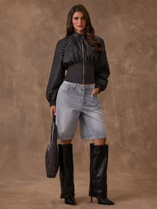 SHEIN BAE جاكيت موتو قصير من جلد PU أسود مغسول بتصميم محبوك مضلع، بياقة واقفة وسحاب وأكمام منفوخة مع تفاصيل حلقة معدنية، إطلالة سهرة ليلية للخريف والشتاء - الأسود - مشاهدة 3