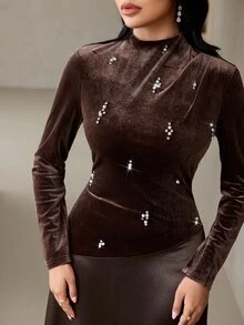 Veilorie Women's Elegant Autumn/Winter Party Beaded Rhinestone Decor Long Dress - Coffee Brown - View 3