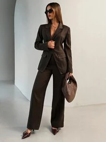 Aloruh 女款純色翻領長袖夾克與長褲休閒套裝 - 咖啡棕 - 查看 3