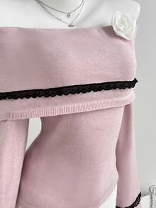Elamini Sweater Wanita Model Off-Shoulder dengan Motif Bunga 3D yang Manis - Berwarna merah muda - View 4