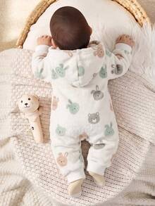 SHEIN Bộ romper có mũ cho trẻ sơ sinh, họa tiết thỏ hoạt hình, khóa kéo phía trước - Màu be - Xem 2