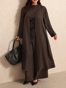 Elaquor Plus Size Women Solid Color Long Sleeve Outerwear Asymmetrical Hem Sleeveless Shirt And Wide Leg Pants Set - Mocha Brown - View 4