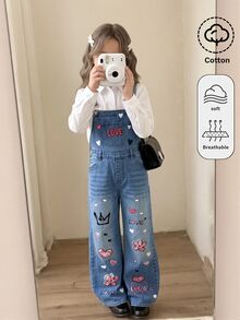 SHEIN 女童寬鬆藍色牛仔吊帶褲，塗鴉花卉皇冠圖案 - 藍色 - 查看 1