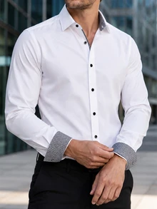 Manfinity Mode Men's Business Casual Solid Color Patchwork Plaid Long Sleeve Shirt - White - View 5