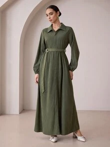Graceveil Army Green Corduroy Collared Long Robe Dress With Metal Ring Waist Belt, Long Sleeve Muslim Conservative Dress - Army Green - View 3