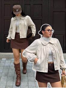 Rivivi Plus Size Women Non-Stretch Denim Top With Peter Pan Collar And Ruched Design, Casual Fashion Cowboy Outfits For Women - Khaki - View 7
