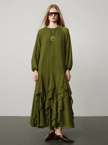Aveloria Modichic Fall Olive Green Solid Chiffon Round Neck Long Sleeve Dress With Waist Belt Cinched Layered Ruffle Hem Elegant French Party Cocktail Brunch Dinner - Army Green - View 7