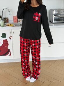 SHEIN Christmas Snowflake Print Pocket Solid Color Long Sleeve Plaid Pants Pajama Set - Black - View 6