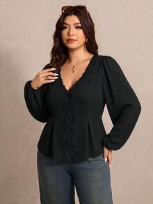 Elaquor Autumn New Plus Size Black Solid V-Neck Long Sleeve Blouse - Black - View 4