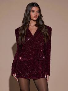 SHEIN BAE Blazer Payet Elegan untuk Pesta Musim Gugur/Musim Dingin - Burgundy - View 3