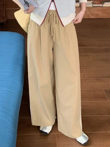 Dazy Plus Elastic Waist Patchwork Webbing Loose Street Style Long Pants All Season Sports Casual Fall - Khaki - View 3