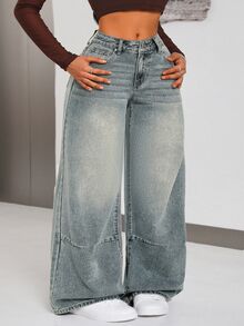 Plus Size Women's Casual Daily Outing Denim Jeans With Pockets And Buttons - Blue - View 3