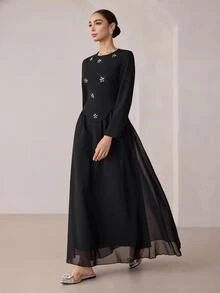 Graceveil Heavy Beaded & Rhinestone Embellished 2 In 1 Chiffon Full Skirt, Conservative Long Dress For Arab Women - Black - View 4