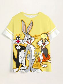 LOONEY TUNES X SHEIN 大尺碼女款卡通印花圓領短袖休閒T恤 - 白色 - 查看 7