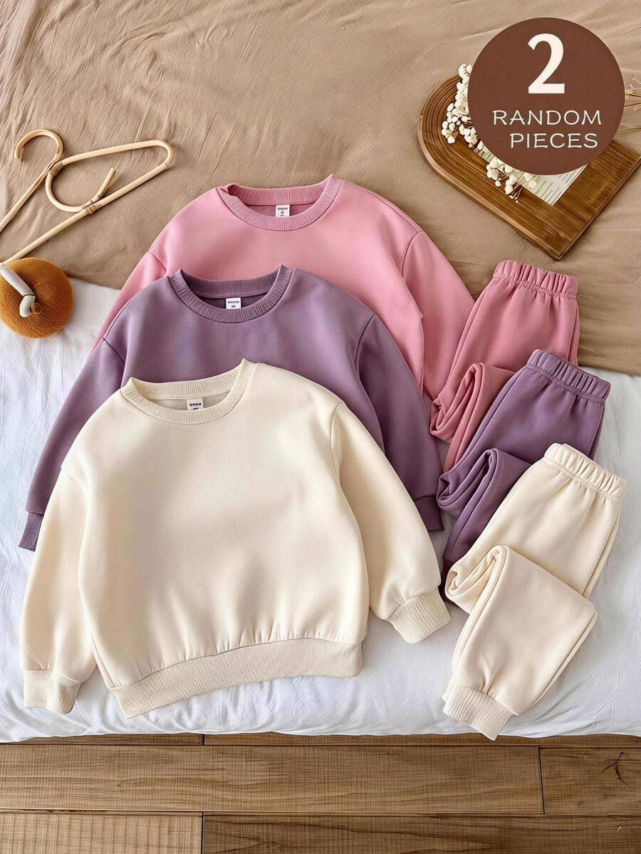 SHEIN Baby Girl 2pcs/Set Knit Solid Color Crew Neck Pullover Sweatshirt - Multicolor - View 1