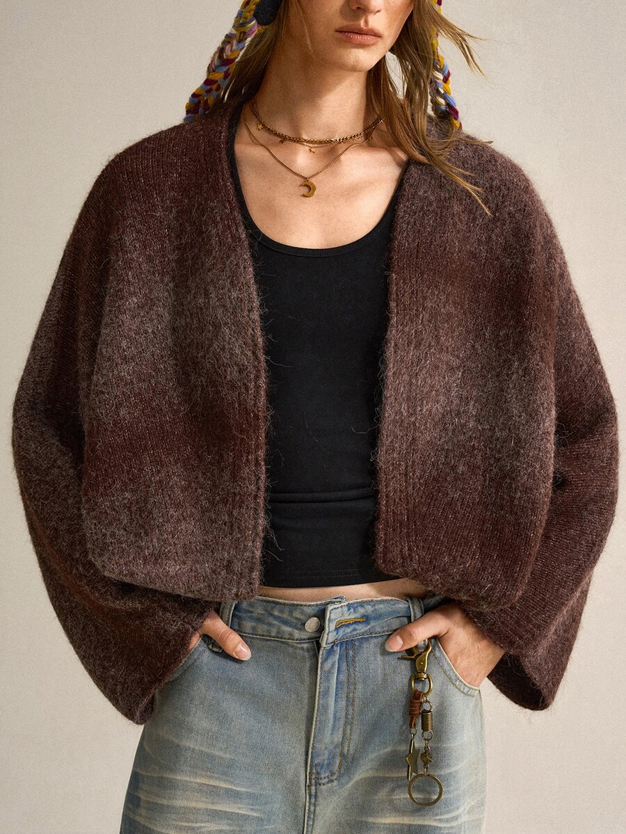 SHEIN Autumn/Winter Fashion Gradient Ombre Dolman Sleeve Cardigan Sweater - Coffee Brown - View 1