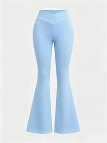 SHEIN Girlism 青少年女孩純色休閒百搭日常穿著喇叭褲 - 藍色 - 查看 1