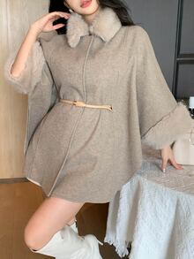 DAZY Women's Vintage Elegant Faux Fur & Wool Blend Coat - Apricot - View 2
