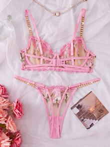 SHEIN Esselle 2件組刺繡女款內衣套裝 - 粉色 - 查看 2