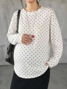 Dazy Maternity Contrast Polka Dot Loose Long Sleeve Crew Neck Casual Vacation Daily Versatile Spring Autumn Maternity T-Shirt - White - View 6