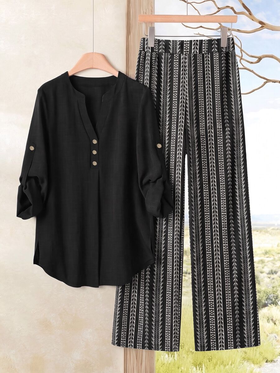 Rusticease Women's Contrast Black And White Striped Long Sleeve 2 Pieces Set, Suitable For Autumn/Winter - Khaki - View 1