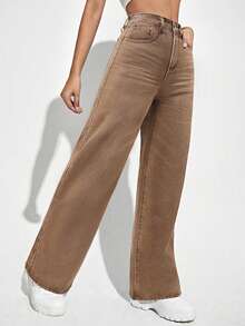 SHEIN PETITE Celana Jeans Denim Kasual Model Washed, Pinggang Tinggi, Potongan Lurus, Musim Gugur, Wanita Bertubuh Mungil, Untuk Sehari-hari - Coklat - View 5