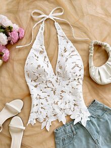 Soleia Women's Hollow Embroidered Fashion Versatile Halter Neck Tank Top - White - View 3