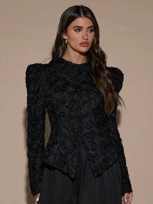 SHEIN BAE Jaket Pesta Elegan dengan Lengan Berhiaskan Kelopak Bunga 3D - Hitam - View 6