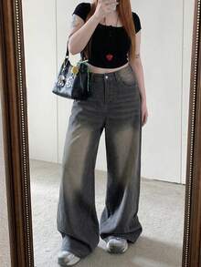 Dazy Plus Korean Vintage Washed Distressed Loose Wide Leg Long Pants Casual Spring Autumn New Style Denim Jeans For Girls - Grey - View 1