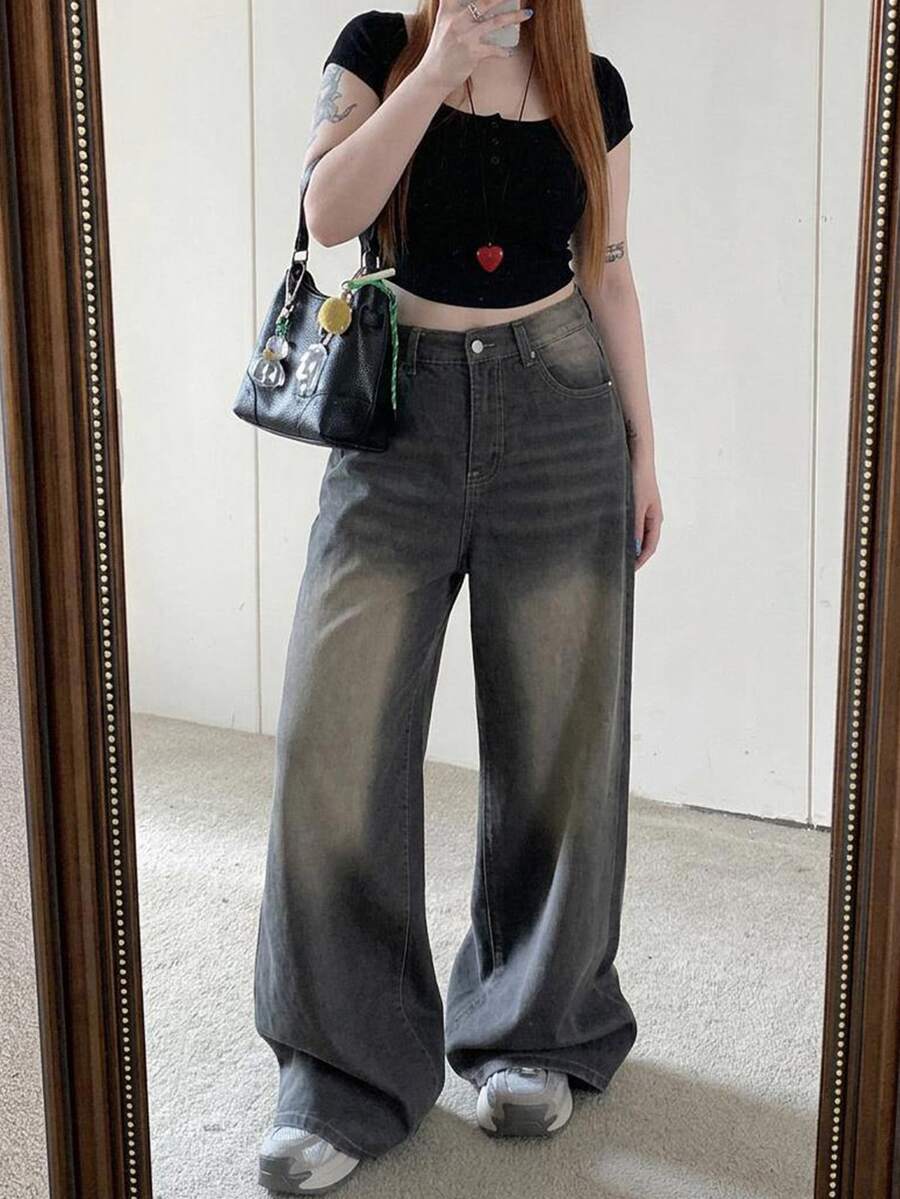 Dazy Plus Korean Vintage Washed Distressed Loose Wide Leg Long Pants Casual Spring Autumn New Style Denim Jeans For Girls - Grey - View 1