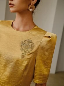 ZEYLAH Women's Exquisite Embroidered Beaded Puff Mid-Sleeve Top - Khaki - View 2