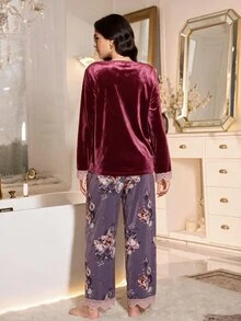 LuxeNights Elegant Velvet Printed Contrast Lace Long Sleeve Pants Pajama Set For Women - Purple - View 2