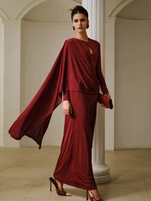 ZEYLAH Women's Solid Color Pleated Ribbon Design Fitted Elegant Dress - Burgundy - View 4