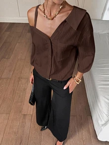 Siren Gaze Women's Spring/Fall Solid Color Asymmetric Collar Dropped Shoulder Loose Casual Elegant Chic Blouse Going Out Dark Brown - Coffee Brown - View 7