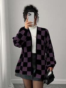Elenzga 秋冬時尚休閒拼色拼接棋盤格女款長袖寬鬆顯瘦大尺碼開襟衫，外套，度假，派對 - 紫色 - 查看 5